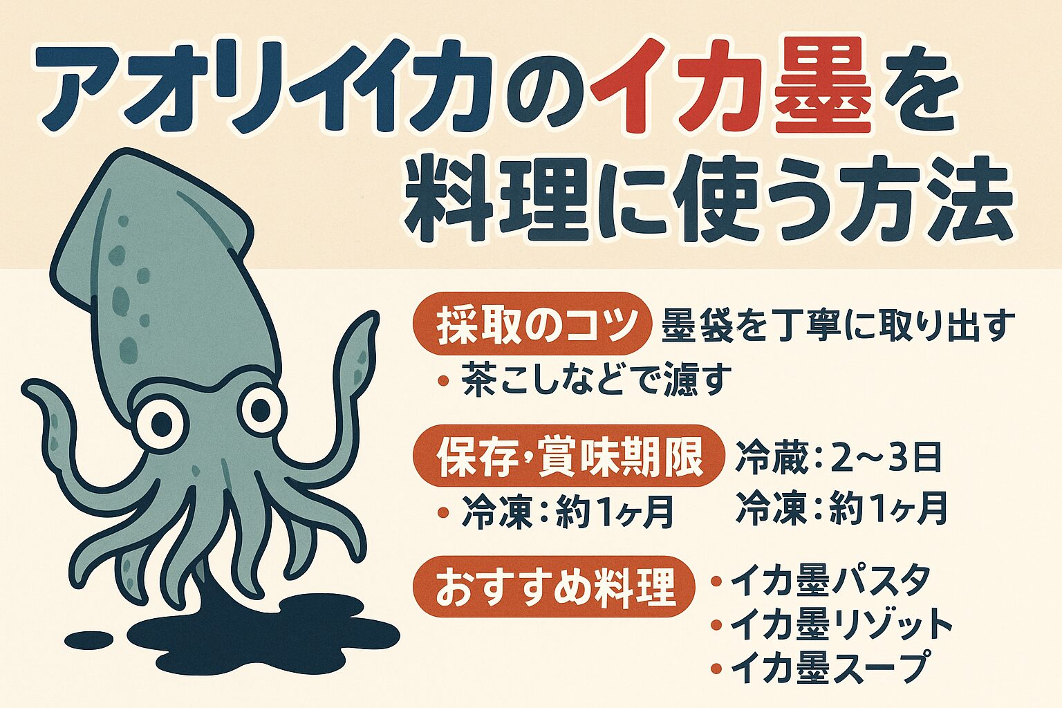 アオリイカのイカ墨は、料理に深みを与える万能食材。採取は丁寧に行い、保存は冷蔵で2〜3日・冷凍で1ヶ月以内を目安。釣太郎