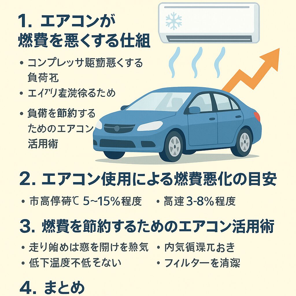 エアコンは快適なドライブに欠かせませんが、燃費に確実な影響を与えます。特に夏・冬は5〜15％の燃費悪化が起こり得るため、使い方次第でガソリン代の節約が可能です。釣太郎