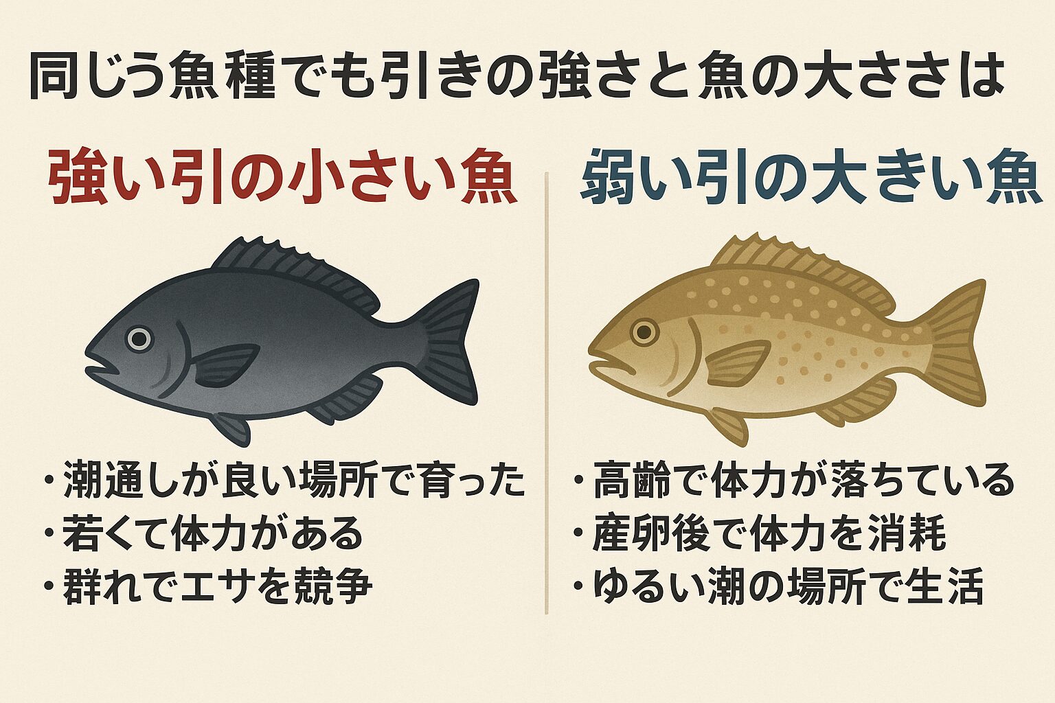 同じ魚種でも引きの強さとサイズの関係は一様ではありません。
その差は筋肉構造・生活環境・コンディション・水温と酸素量といった要素で決まります。釣太郎