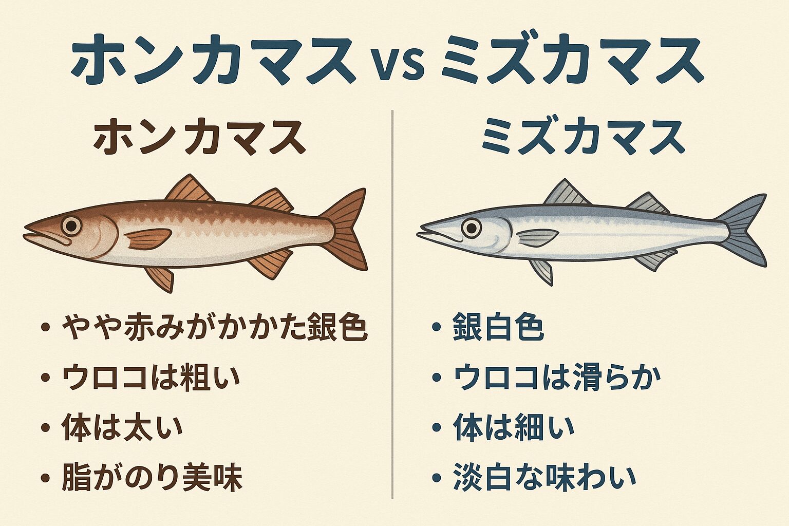 市場に出回るカマスは アカカマス（ホンカマス） と ヤマトカマス（ミズカマス）。見分け方は 鱗の大きさ・体型・味の濃さ。 食味はアカカマスが圧倒的に評価が高い。釣太郎