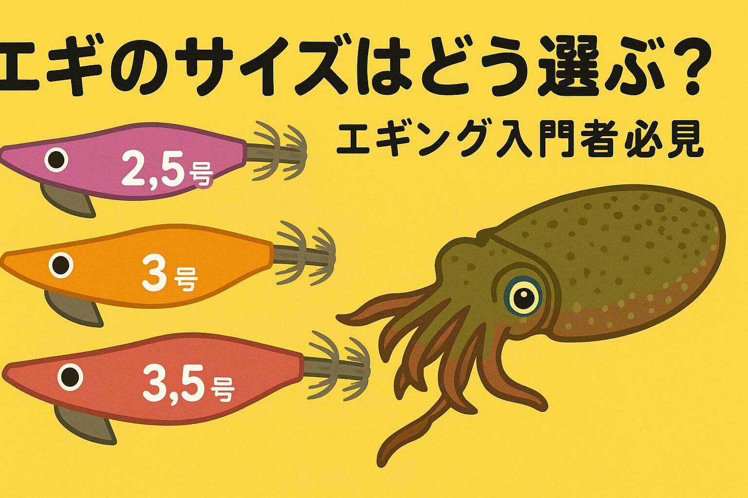 エギングは「状況に応じてサイズを変える」ことで釣果が安定します。 初心者はまず3号を揃え、次に2.5号と3.5号を加えていくのがおすすめです。釣太郎