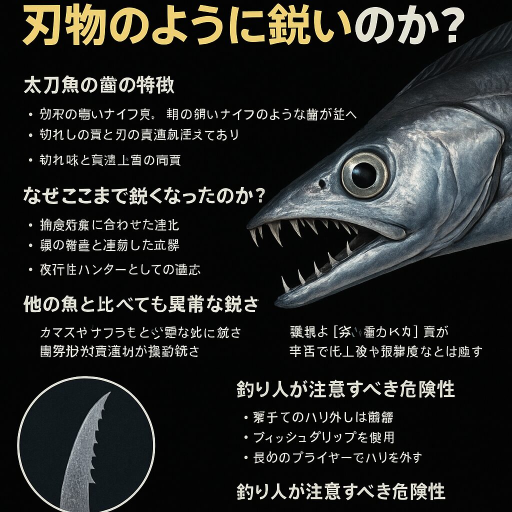 太刀魚の歯は、・多種多様な獲物を切り裂くための進化の産物・暗闇の中で獲物を逃さないための武器・釣り人にとっては極めて危険な凶器。釣太郎