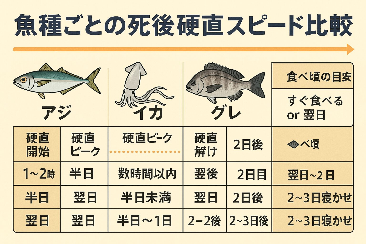 魚の「歯ごたえ」や「旨味のピーク」は、魚種ごとの硬直スピードで大きく変わります。・アジ：早い → 即食か翌日がベスト・イカ：さらに早い → 直後か半日寝かせ ・グレ：中間 → 翌日〜2日目が食べ頃. 釣太郎