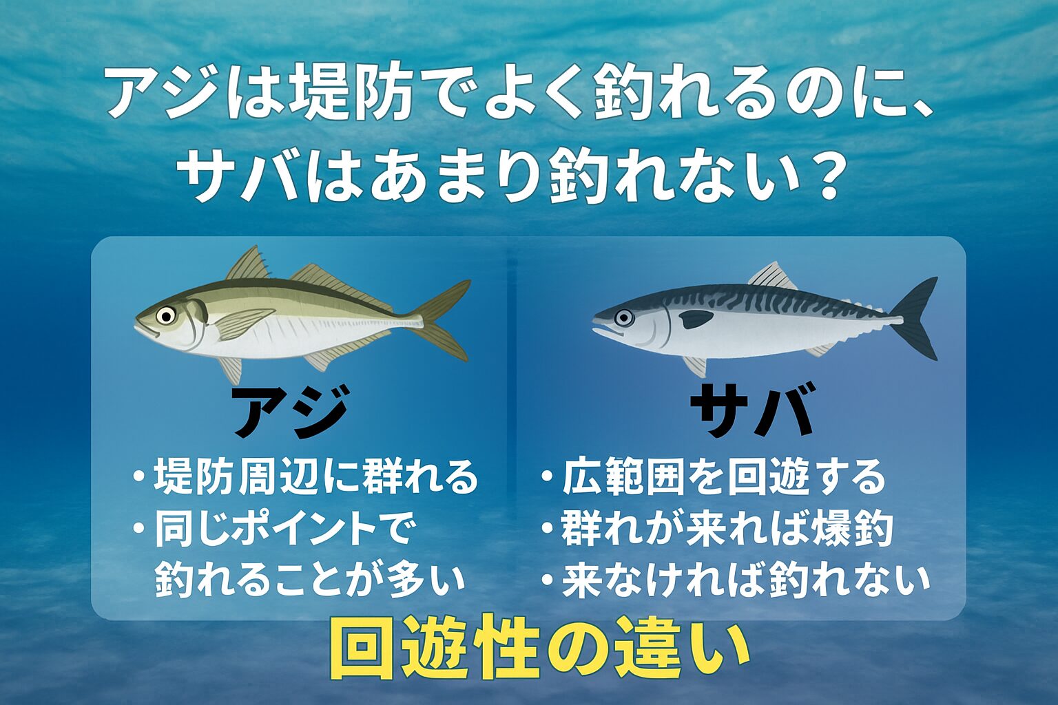 アジは「堤防の定番」、サバは「回遊次第のゲスト」アジ → 堤防周辺に居着く群れがいるため、安定して釣れる。サバ → 広範囲を回遊するため、堤防では運次第。釣太郎