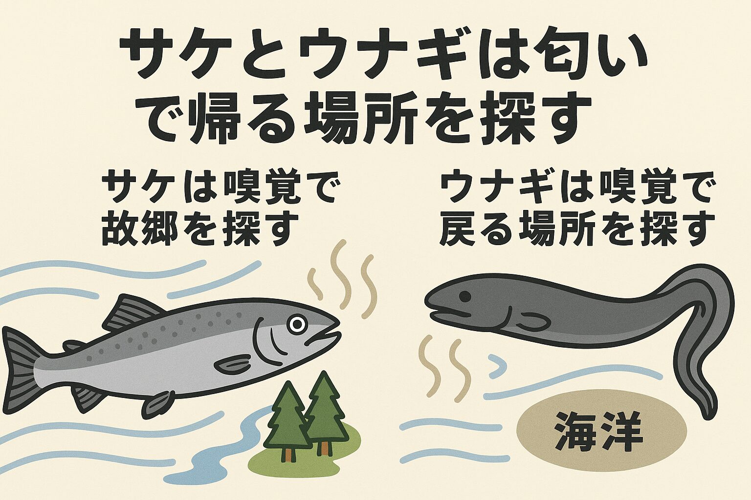 鮭やウナギが故郷へ帰る際に使うのは、目でも耳でもなく、圧倒的に発達した嗅覚です。 その感度は人間の数千倍から数万倍以上。釣太郎