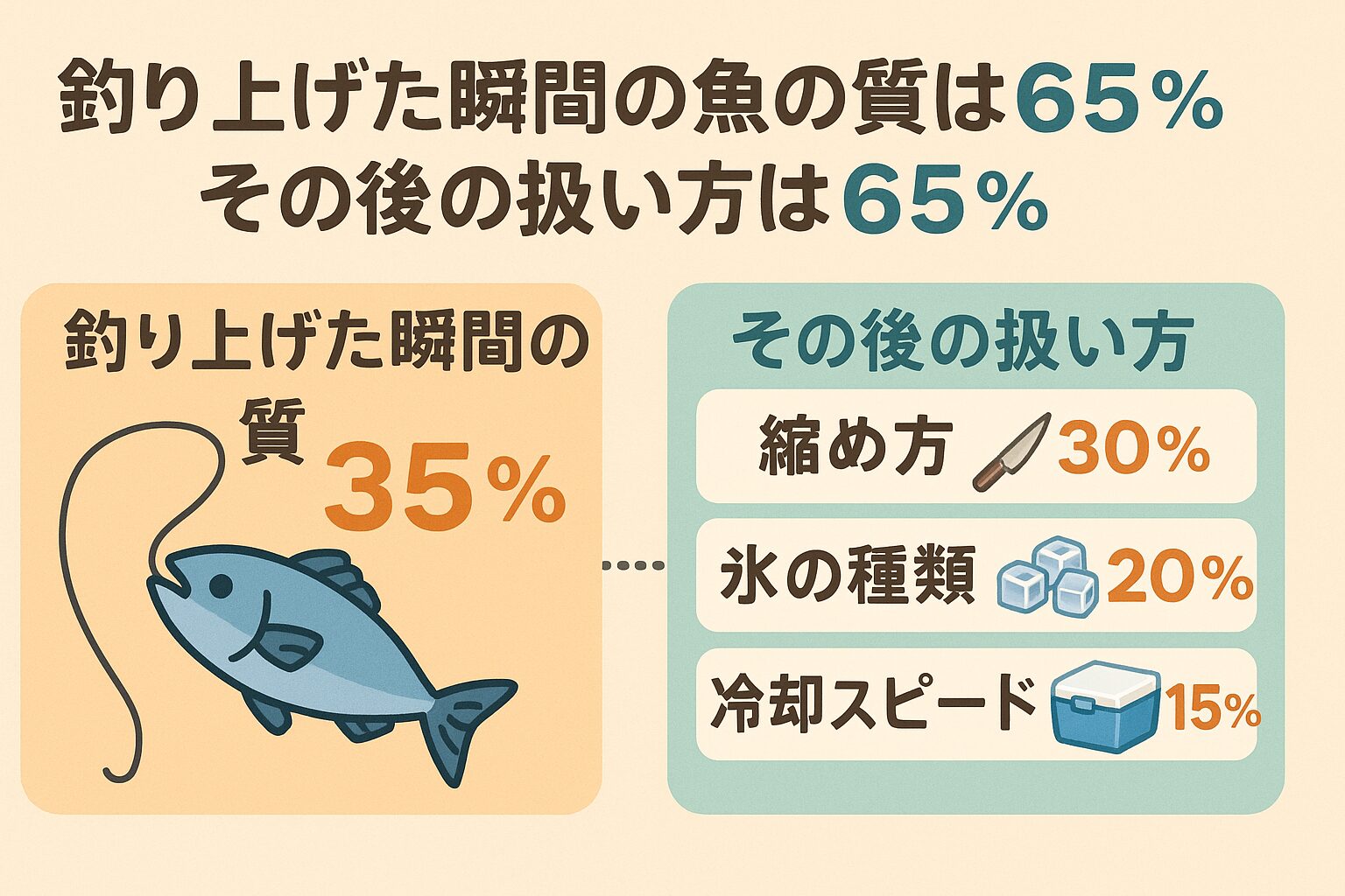 魚の美味しさは「釣り上げた瞬間で35％、その後の扱いで65％」。さらに65％の内訳は ・締め方 → 30％ ・氷の種類 → 20％ ・冷却スピード → 15％。釣太郎