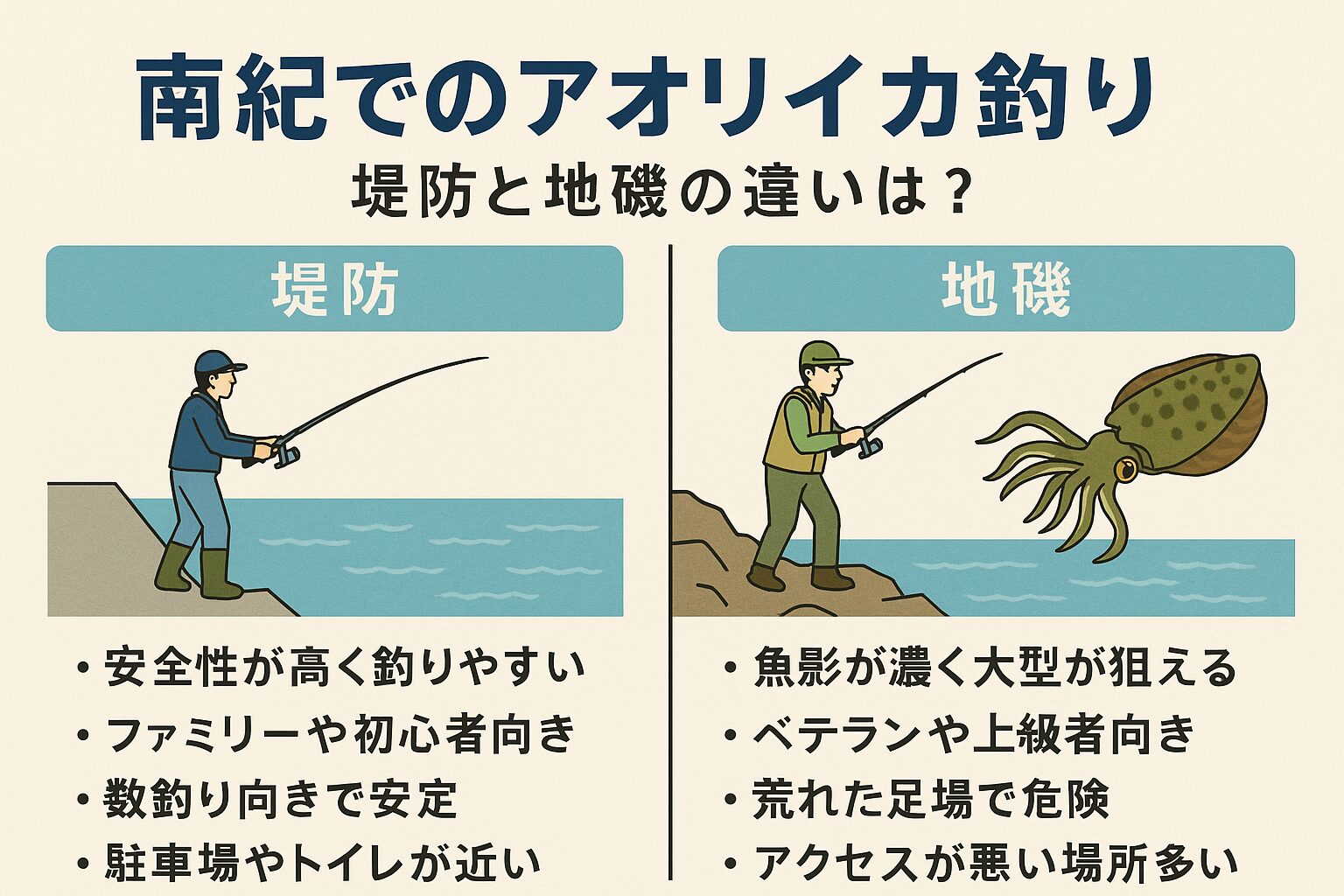 南紀エリアでのアオリイカ釣りは、「堤防=手軽さと安定感」、**「地磯=スリルと大物狙い」**という大きな違いがあります。釣太郎