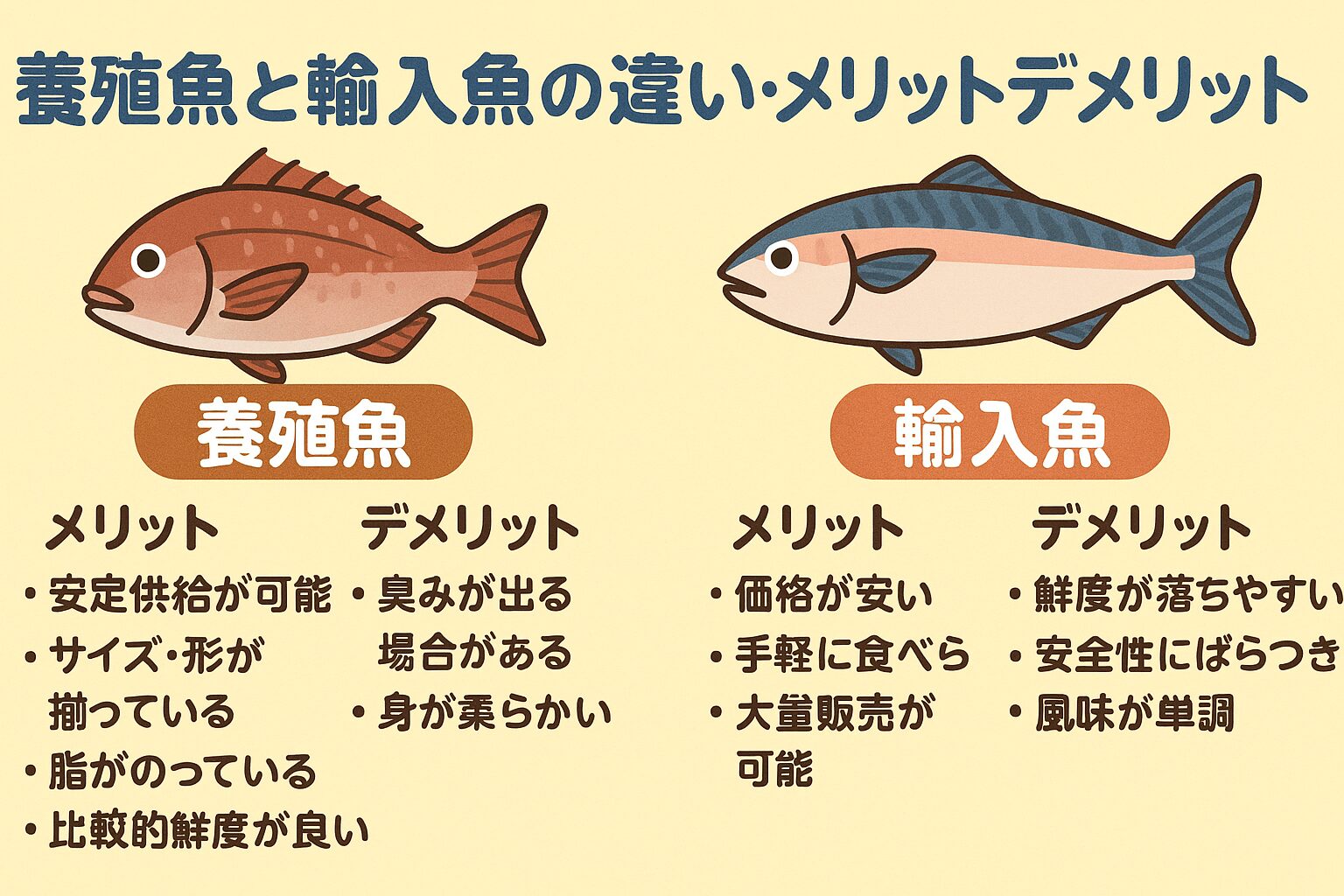 養殖魚は「安定供給と鮮度」に強みがあり、輸入魚は「価格と種類の多さ」にメリットがあります。釣太郎
