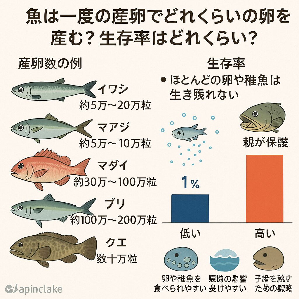 魚の産卵数は種類によって数万〜数百万粒と幅広い。自然状態では卵のうち 0.1〜1％未満 しか成魚になれない。釣太郎