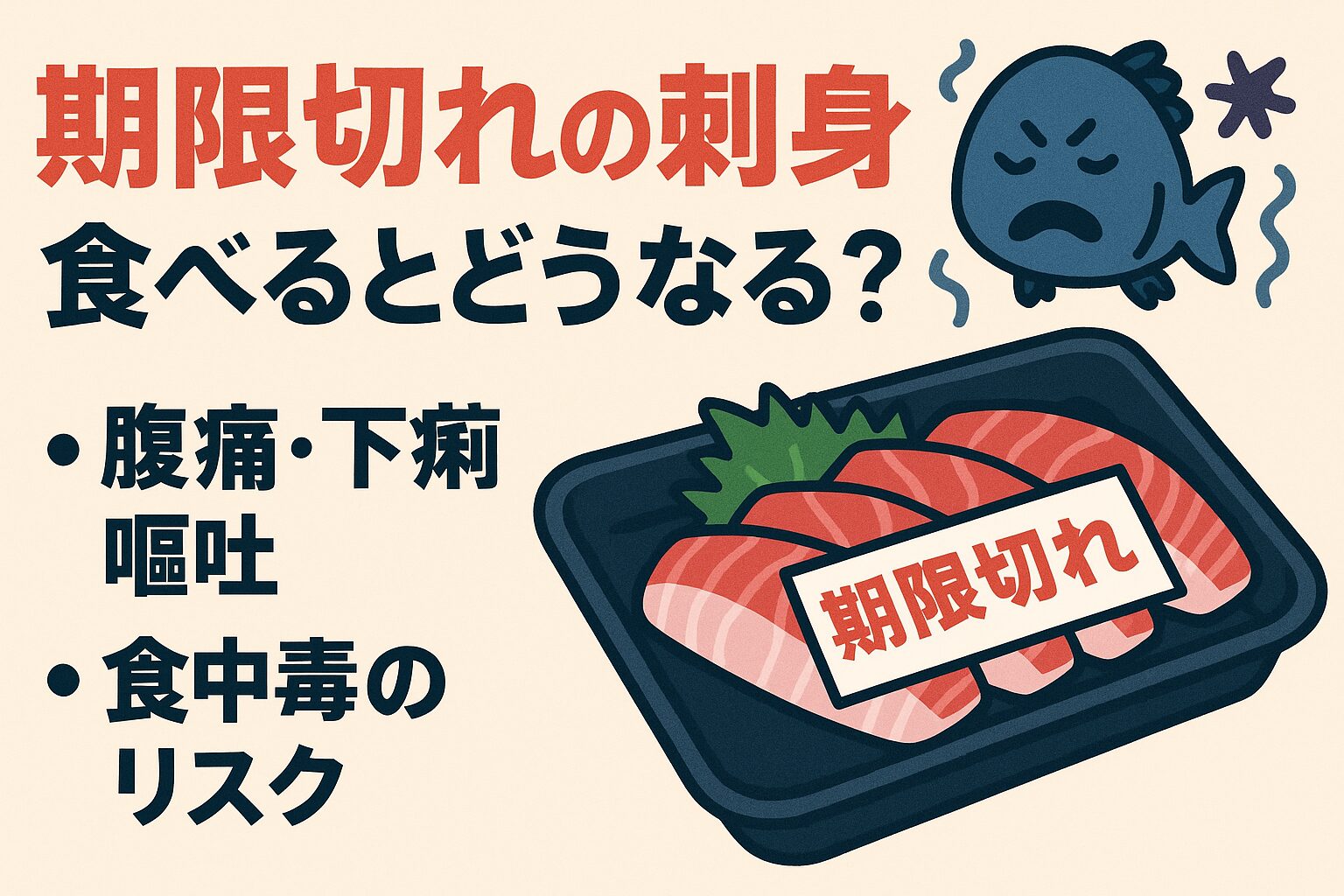 刺身は「消費期限」表示＝安全に食べられる最終期限。期限切れ刺身を生で食べると、腹痛・下痢・食中毒・アレルギー症状が起きる可能性がある。釣太郎