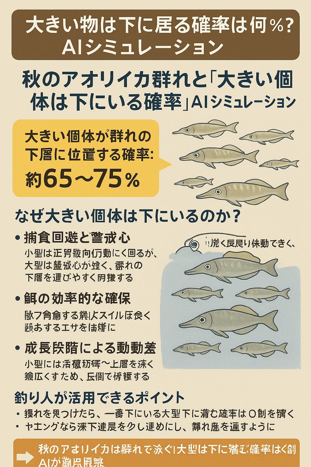 秋のアオリイカは群れで行動しますが、大きい個体は65〜75%の確率で下層に位置する。釣太郎
