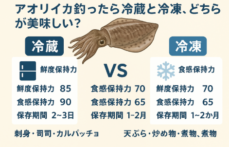 アオリイカは「冷蔵＝短期・最高の刺身」「冷凍＝長期・加熱用」と住み分けが明確です。釣太郎