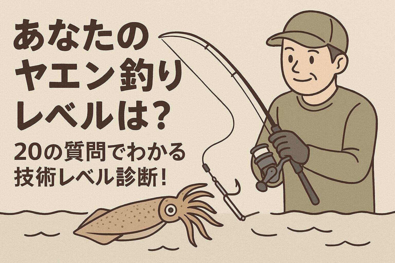 アオリイカ釣りの醍醐味の一つであるヤエン釣り。奥深いこの釣法には、様々なテクニックや知識が必要です。今回は、あなたのヤエン釣りにおける技術レベルを20の質問でチェックする診断テストをご用意しました。さあ、あなたは「初級者」「中級者」「上級者」のどのレベルに該当するでしょうか?
早速、チャレンジしてみましょう。釣太郎