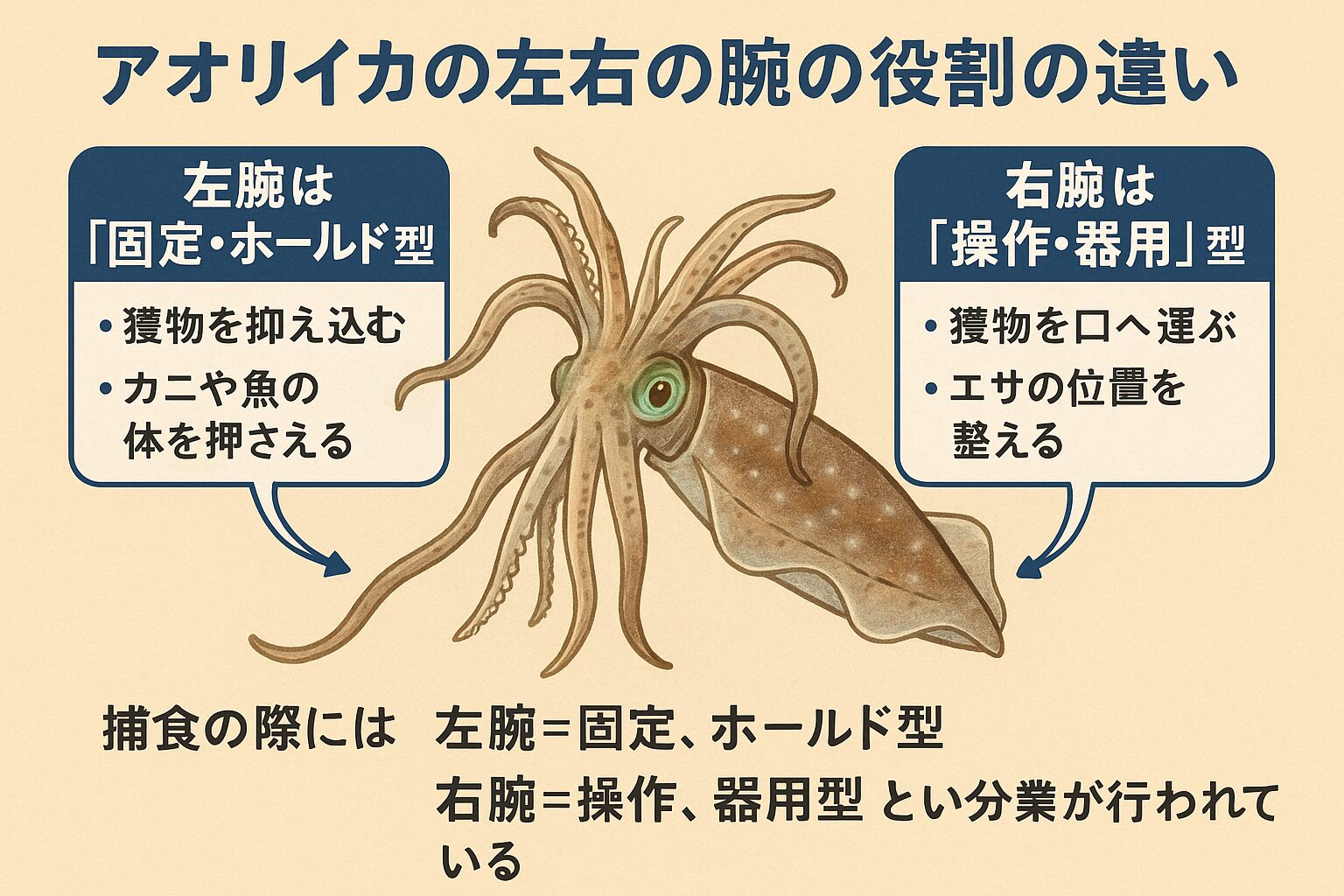 アオリイカの腕は、ただの「8本の脚」ではありません。左右で役割が異なり、捕食の際には・左腕＝固定、ホールド型・右腕＝操作、器用型。釣太郎