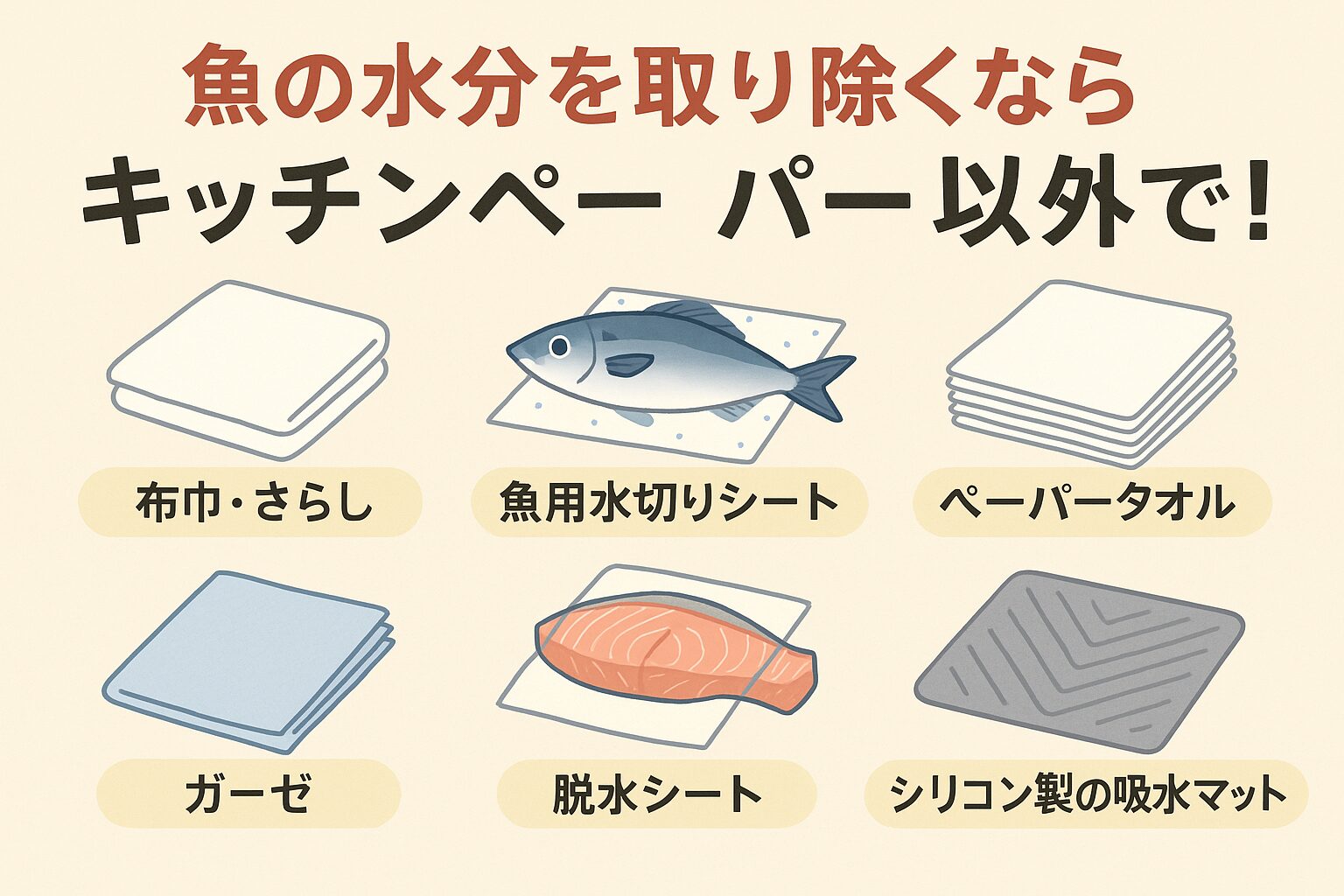 魚の水分を取る方法は 「キッチンペーパーだけ」ではありません。 ・エコ重視 → 布巾・さらし・プロ仕様の保存 → 魚用水切りシート / 脱水シート・コスパ重視 → 厚手ペーパータオル・繊細な魚に → ガーゼ。釣太郎
