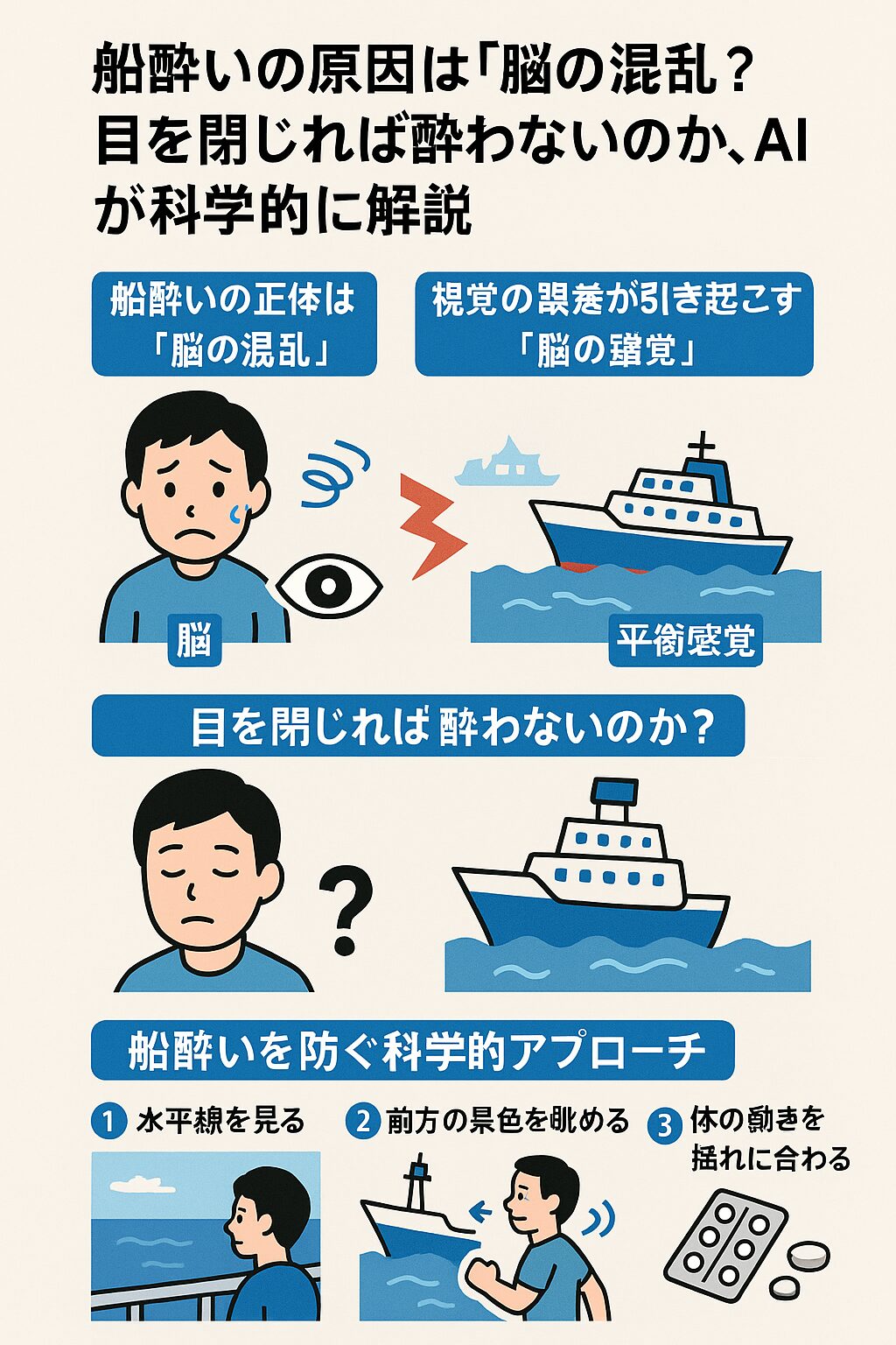 船酔いは「視覚と平衡感覚のズレ」が原因
・目を閉じる方法は有効な人もいるが、万能ではない。釣太郎