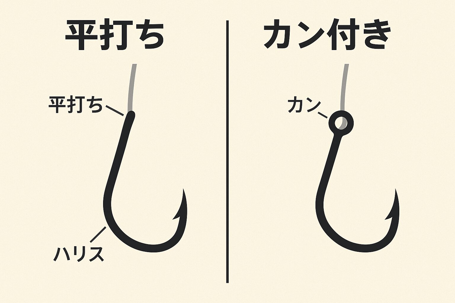 釣り針の大半が「平打ち」であるのは、軽さ・汎用性・強度・価格のバランスが優れているからです。釣太郎