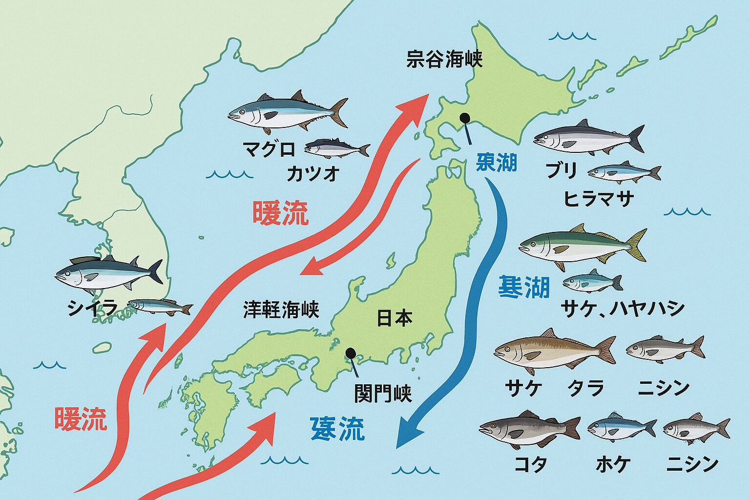 日本は海峡ごとに魚の種類や味が違う。・太平洋側（黒潮・親潮） → カツオ、マグロ、サンマ、イワシ ・日本海側（対馬海流） → 寒ブリ、アジ、サワラ、イカ・オホーツク海側（千島海流） → サケ、タラ、ホッケ、ニシン。釣太郎