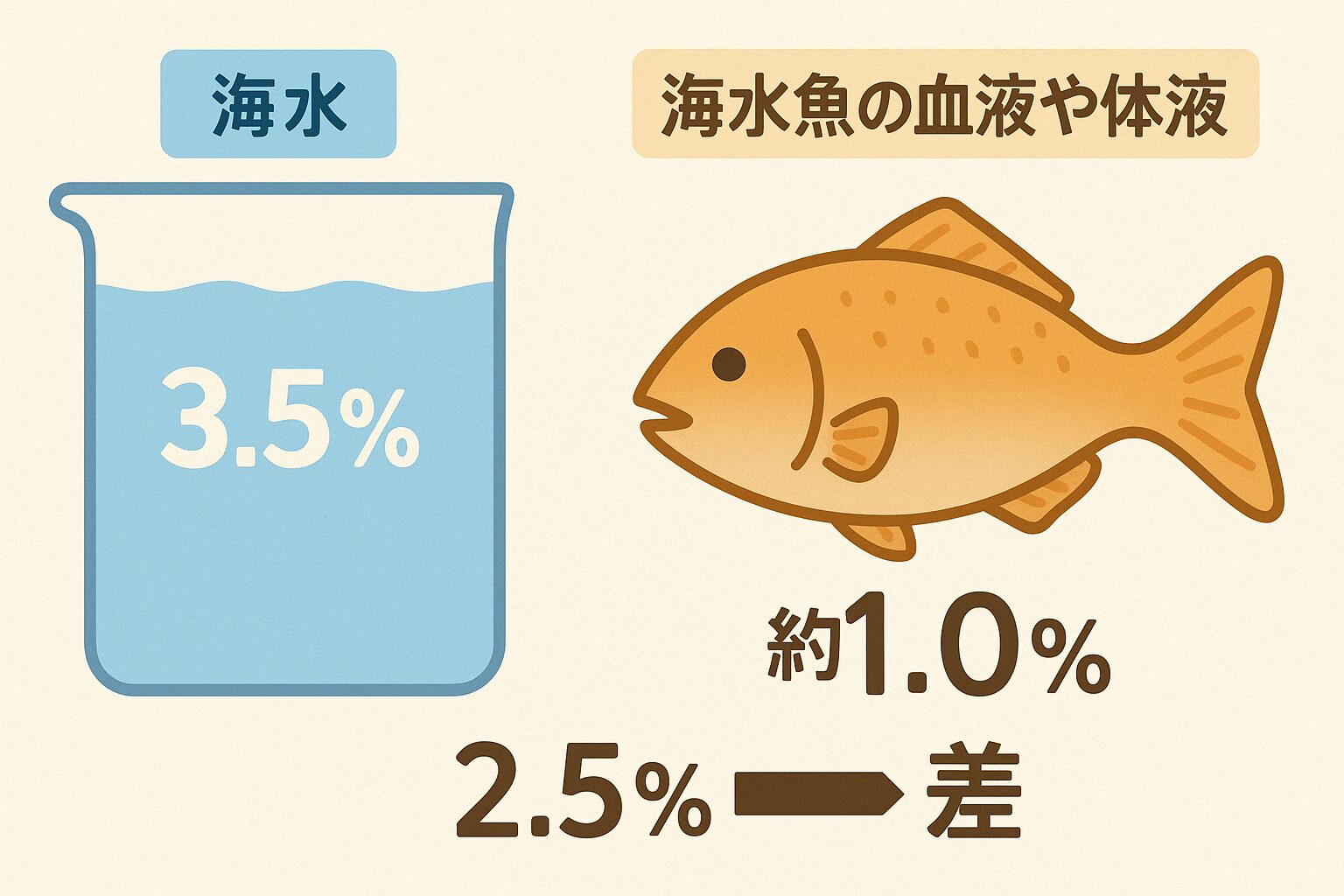 海水の平均塩分濃度は約3.5％。海水魚の血液・体液は約1.0％で一定。この差は「浸透圧による水分移動」の原因になる。釣太郎