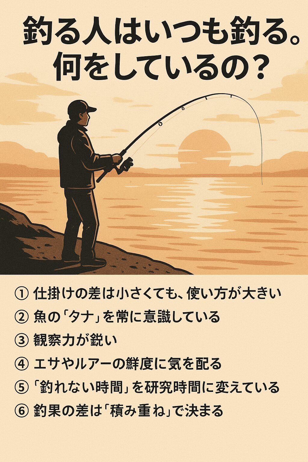 釣果の差は才能や運ではありません。小さな意識と工夫の積み重ねが「いつも釣る人」を生み出します。釣太郎