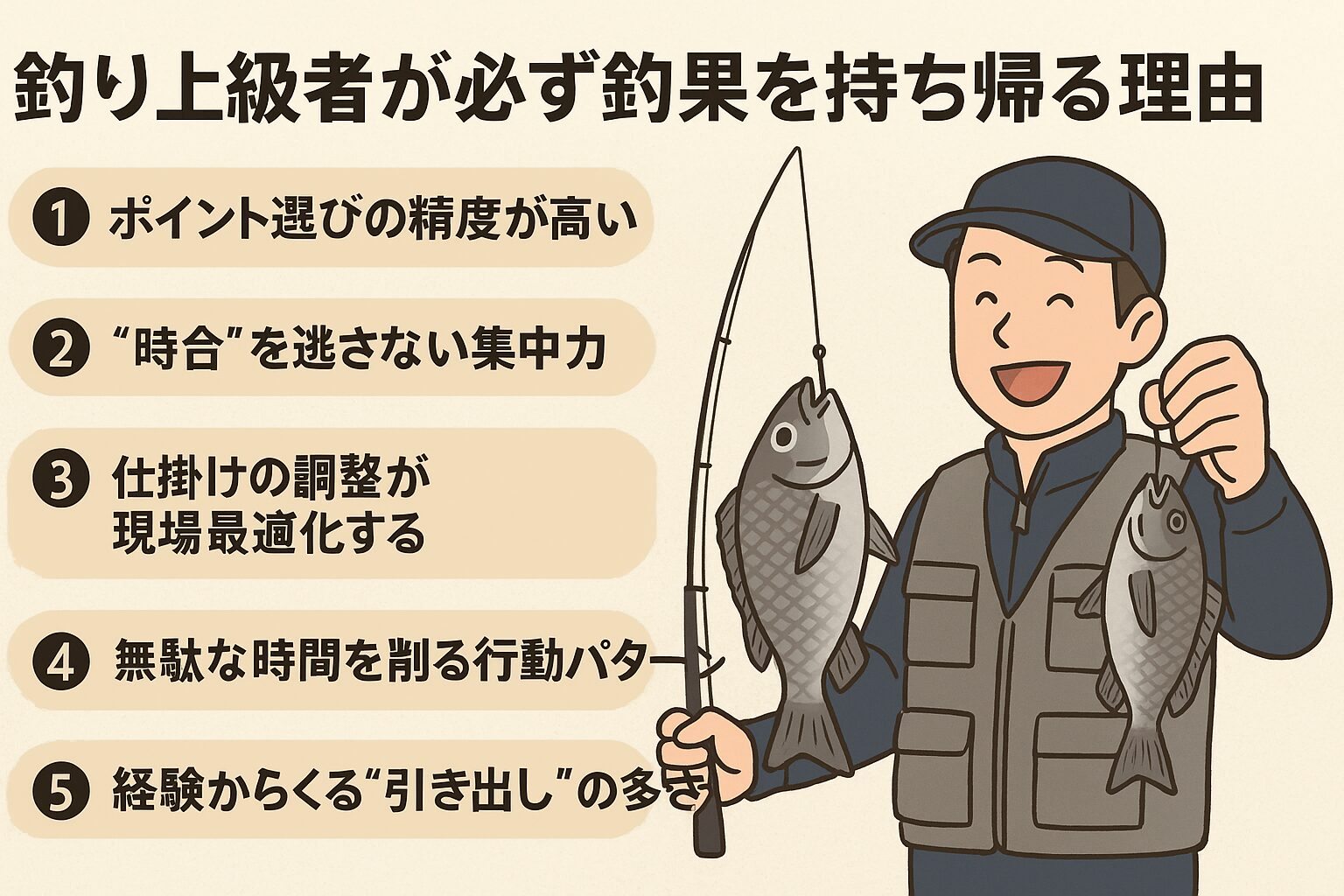 釣り上級者は、確率を上げる行動、道具の準備、時合の見極め、裏ワザの使い分け。 これらを組み合わせることで、毎回安定して釣果を出しています。釣太郎