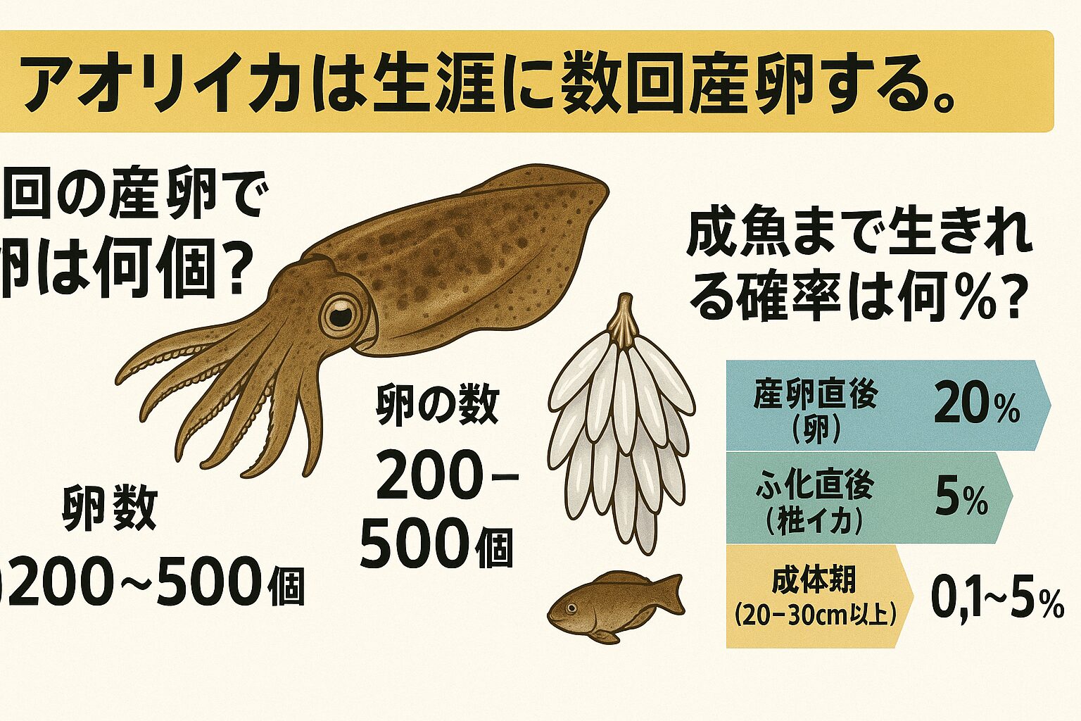 アオリイカは「1年しか生きない」「卵の99％以上が途中で命を落とす」という非常に過酷な生態を持っています。釣太郎