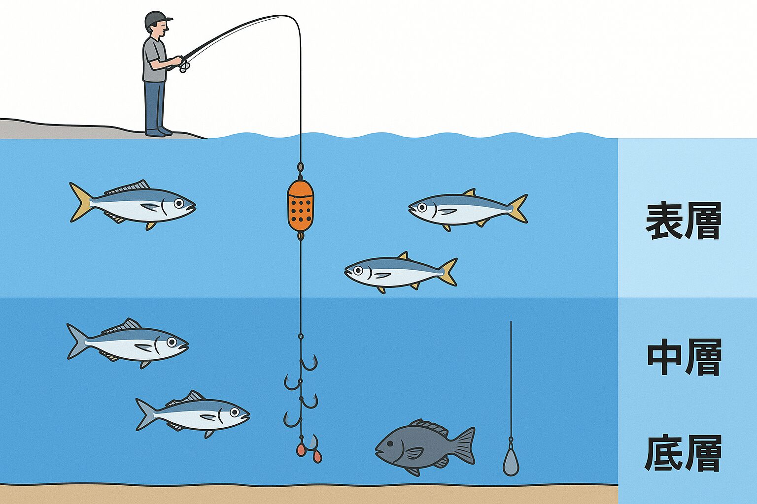 釣果の7割はタナで決まる・魚種ごとに狙うべき層が異なる・アタリがなければ積極的にタナを変える ・潮、時間帯、天候によってタナは常に変化する。釣太郎