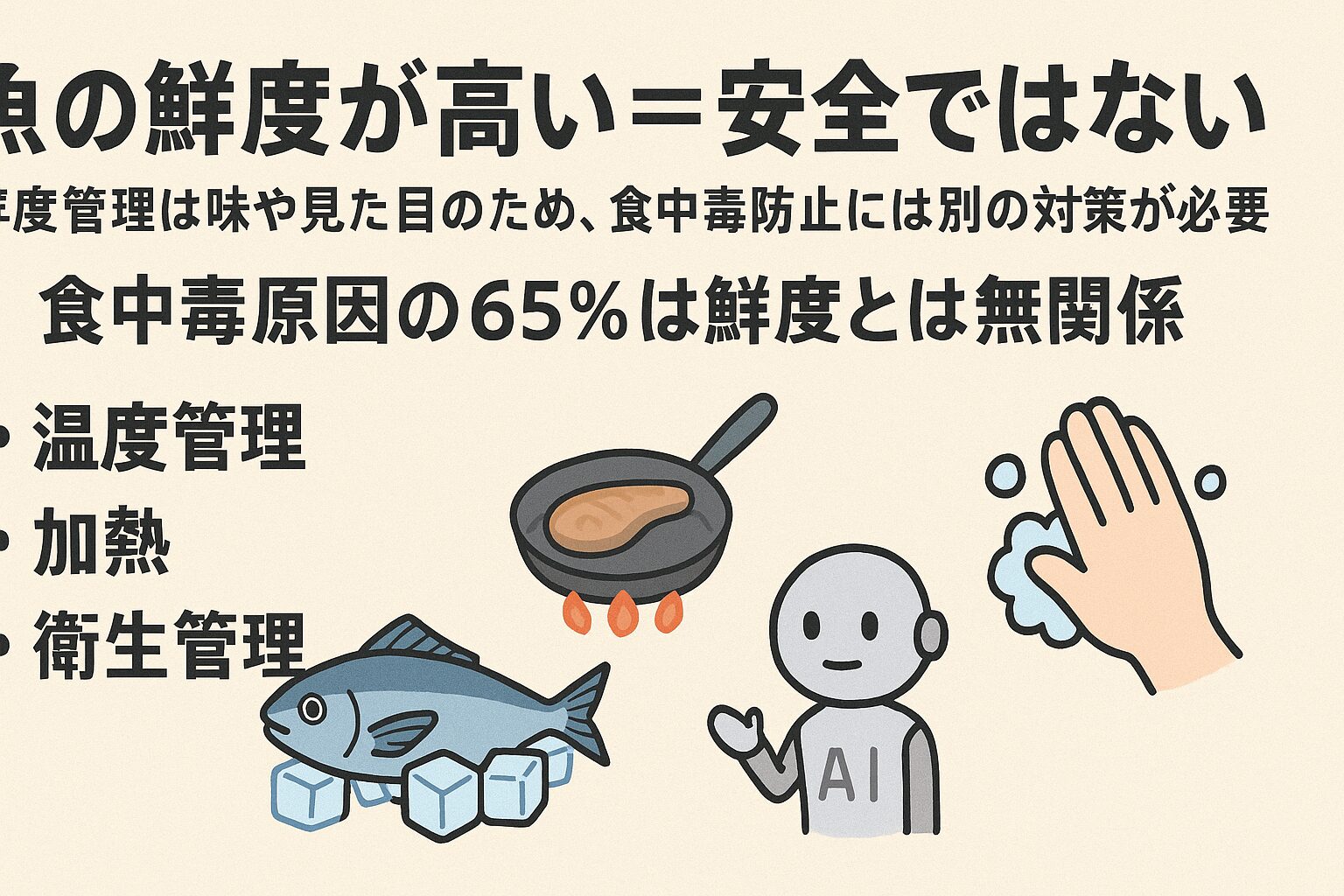 魚の鮮度が高い＝安全ではない。鮮度管理はあくまで味と見た目のため。食中毒の65％は鮮度と無関係。防止には温度管理・加熱・衛生管理の三本柱が不可欠。釣太郎