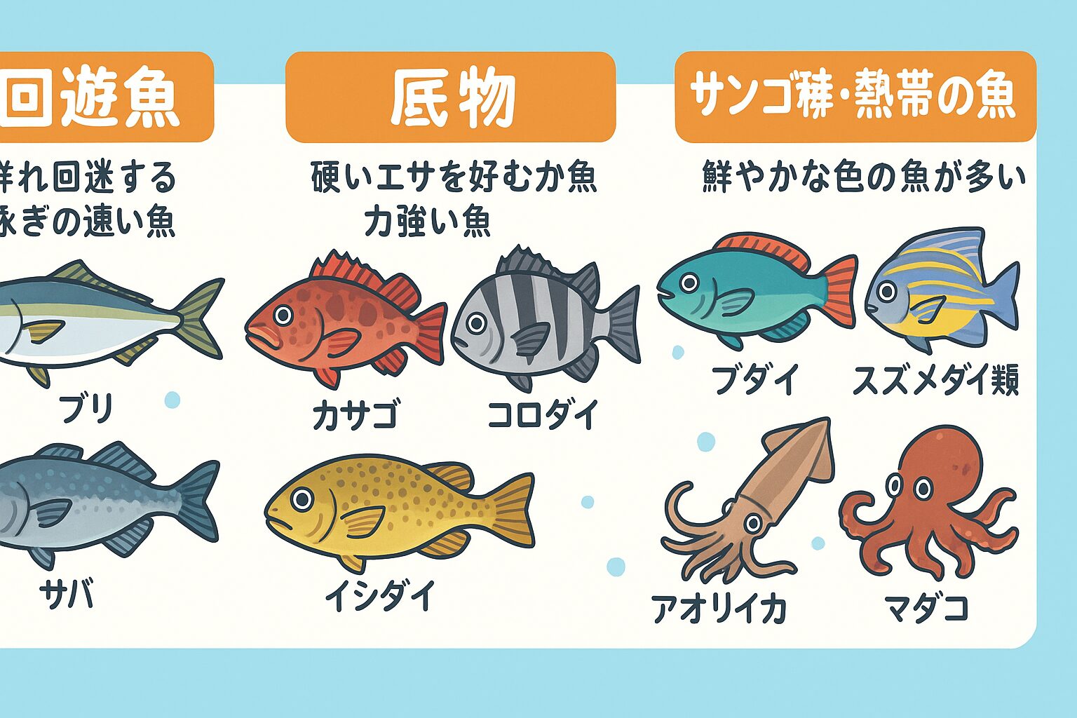 海の魚は「回遊魚」「根魚」「底物」「底生魚」「サンゴ礁魚」など、大きく分類するだけで、生態や釣り方、旬の味わいが見えてきます。釣太郎