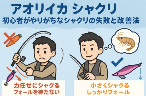 アオリイカエギング初心者がやりがちな失敗は、力任せ・リズム不足・フォール軽視です。改善法はシンプルで、・力を抜いて小さくシャクる・2〜3回シャクリ＋しっかりフォール・糸ふけを必ず取る。釣太郎
