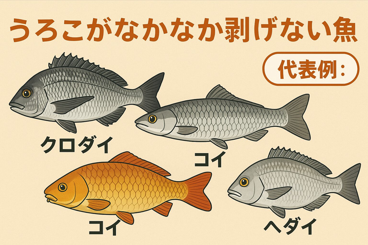 うろこが剝げにくい魚の共通点。これらの魚には共通する特徴があります。外敵や環境から身を守る必要が高い。岩礁帯や泥底など、体を擦りやすい場所に生息。長寿や大型化に伴い、うろこが強化される
。その結果、皮膚に深く埋まり込み、硬く厚い“鎧のようなうろこ”を持つ魚が多いのです。釣太郎
