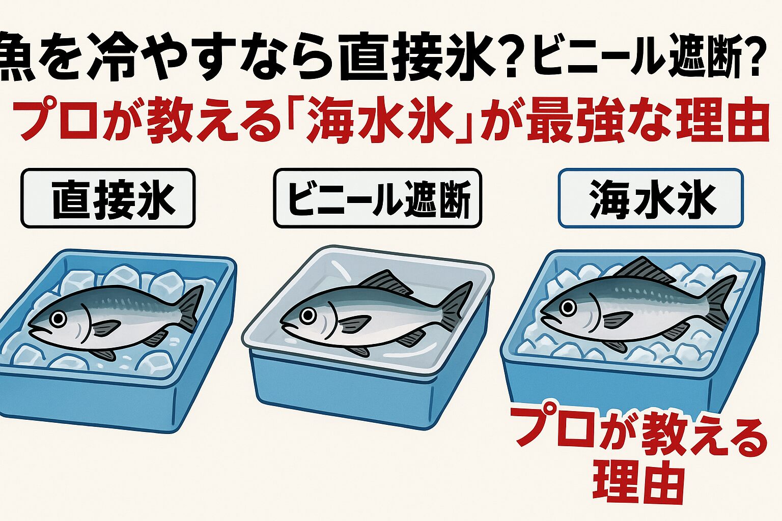 真水氷 → 冷却は速いが、旨味や見た目は損ないやすい。ビニール遮断 → 氷焼け防止に有効だが、冷却は遅い。海水氷 → 鮮度・旨味・見た目すべてを守れる最強の方法。釣太郎