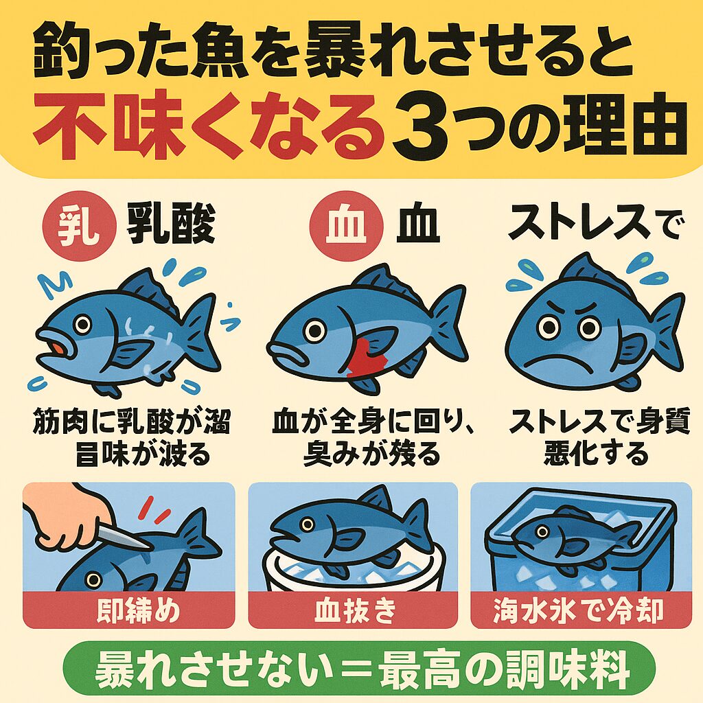 釣った魚を暴れさせると・乳酸で旨味が減る ・血で臭みが出る・ストレスで身質が悪化する。釣太郎