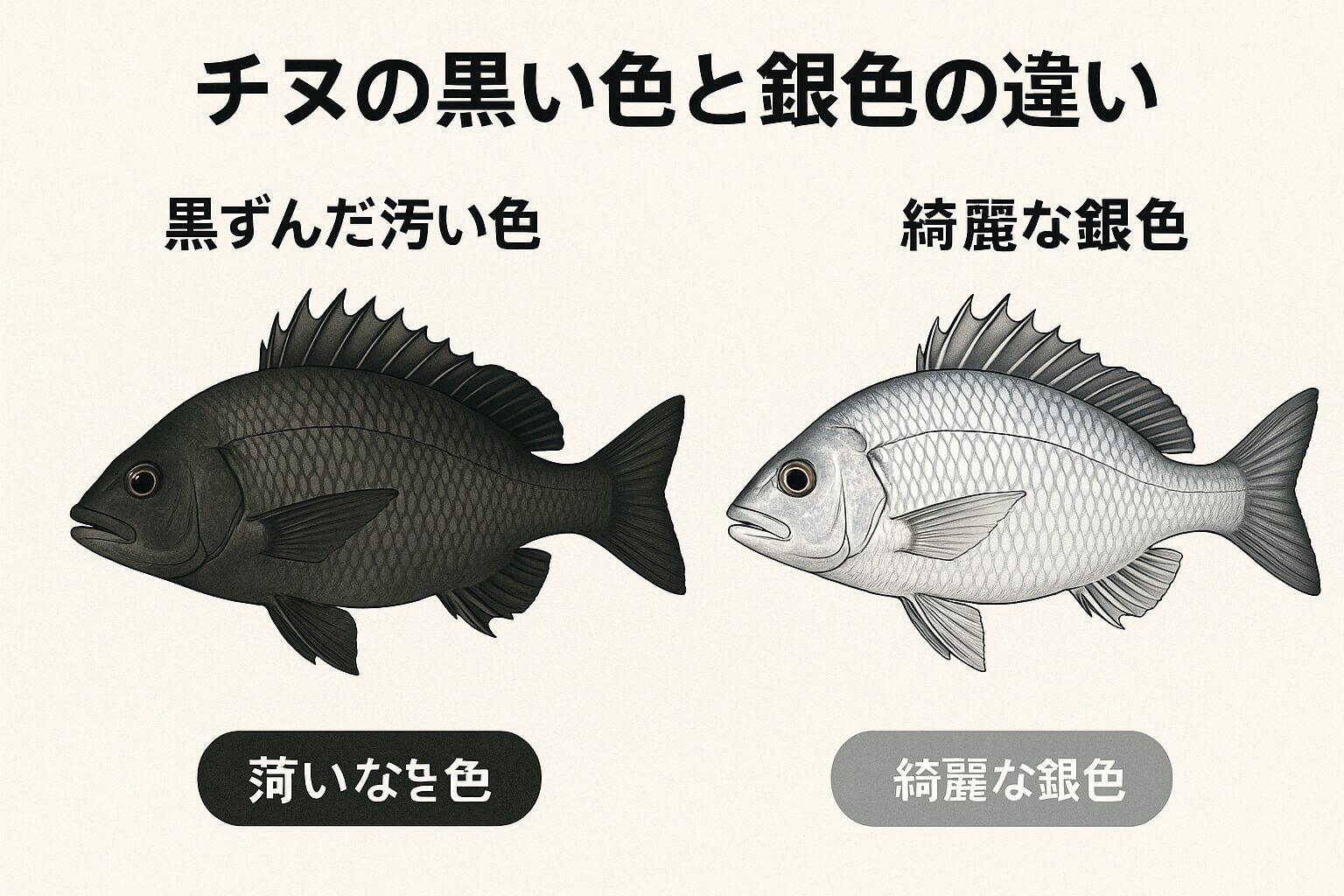 チヌ（黒鯛）やボラに見られる「黒ずんだ汚い色」と「銀色に輝く色」の違いは、科学的に見ると 色素胞の働きと環境適応 によるものです。濁り水や河口 → 黒っぽい体色。澄んだ海や外洋 → 銀色の体色。釣太郎