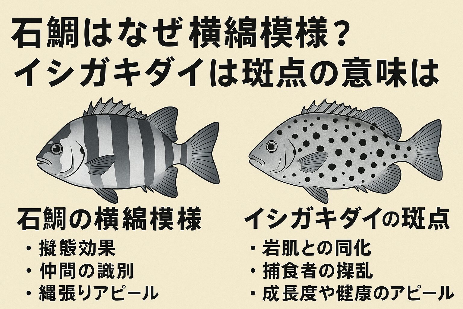 石鯛の横縞はカモフラージュ・仲間識別・縄張りアピールの役割がある。釣太郎