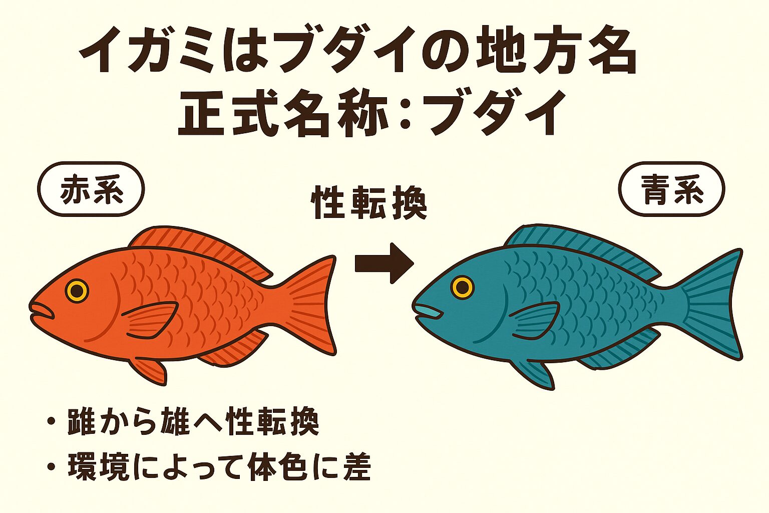 イガミはブダイの地方名で、正式名称は「ブダイ」・特徴はオウムのような歯で海藻を削り取って食べる・寿命は10～15年と長く、成長もゆるやか。釣太郎