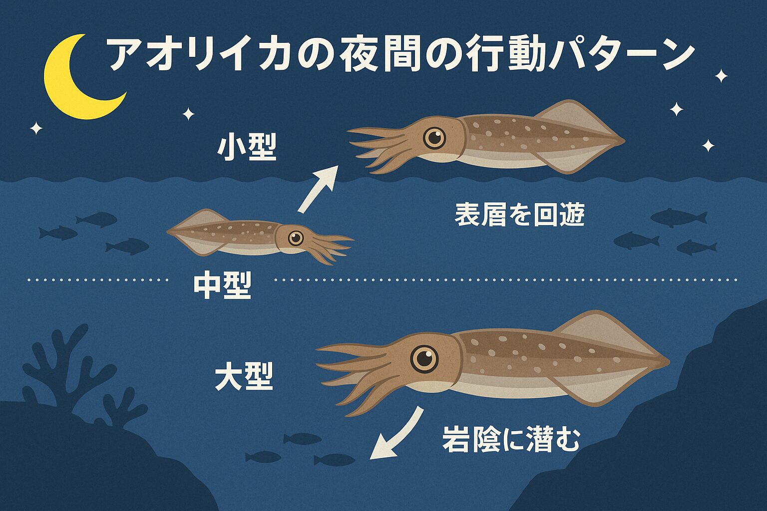 アオリイカ、夜間は小~中型が表層、大型は深場に潜む傾向が強い。新月は数釣り、満月は型狙いに適している。釣太郎