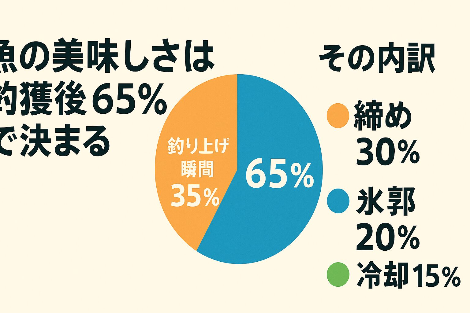 魚の美味しさを100とした場合:釣り上げた瞬間に決まるのは → 35%、釣獲後の扱いで決まるのは → 65%。釣太郎