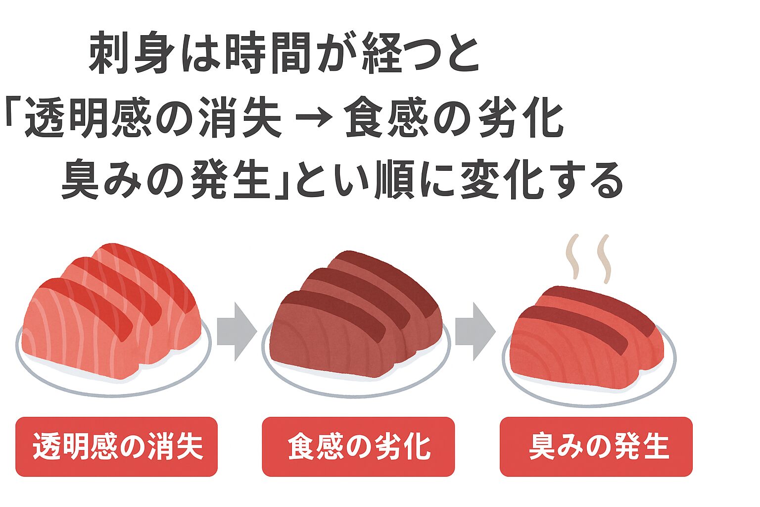 刺身は 透明感 → 食感 → 臭み の順に劣化する・3割引きは旨味が残り、美味しく食べられることが多い。釣太郎