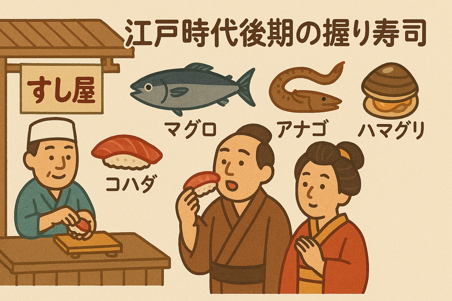 寿司は奈良時代の保存食「なれずし」から始まり、江戸時代後期に現在の握り寿司の形が完成しました。
当時は江戸前の地魚が中心で、価格は現代の感覚でもやや高め。
しかしその手軽さから、庶民の特別なごちそうとして親しまれてきました。釣太郎
