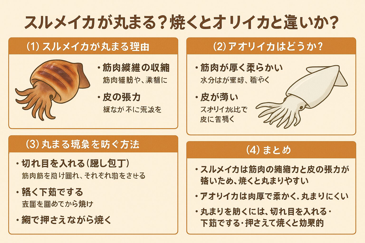 スルメイカは筋肉の収縮力と皮の張力が強いため、焼くと丸まりやすい。アオリイカは肉厚で柔らかく、丸まりにくい。釣太郎