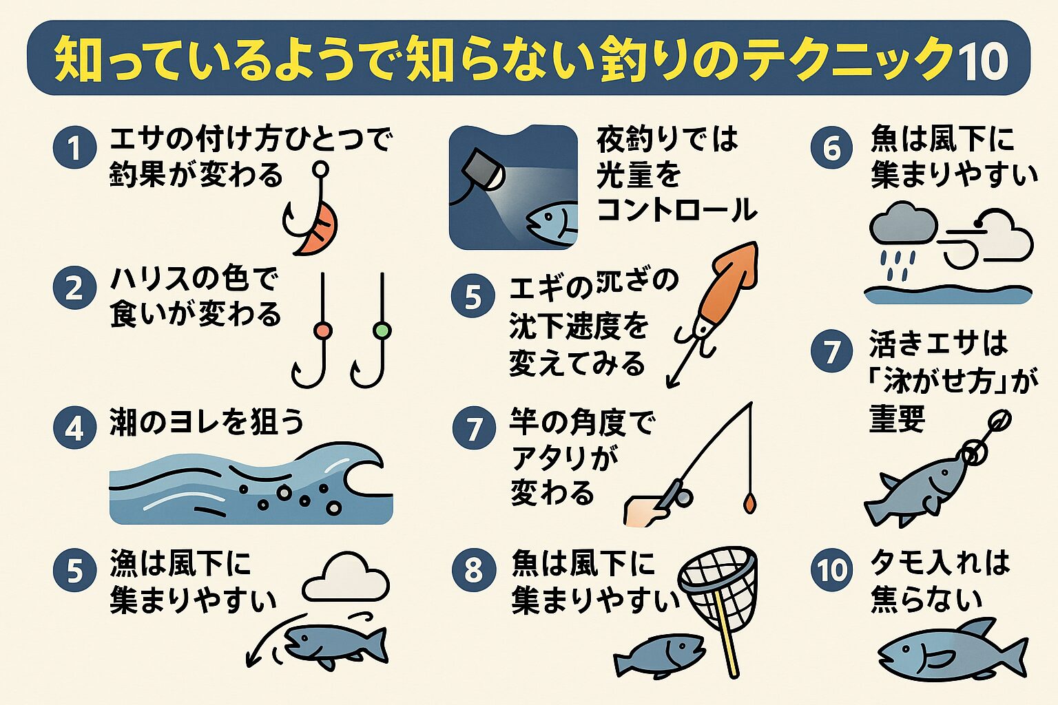 ・エサの付け方・ハリスの色・潮のヨレ・エギの沈下速度・風の向き。これらを意識するだけで、驚くほど釣果が変わります。釣太郎