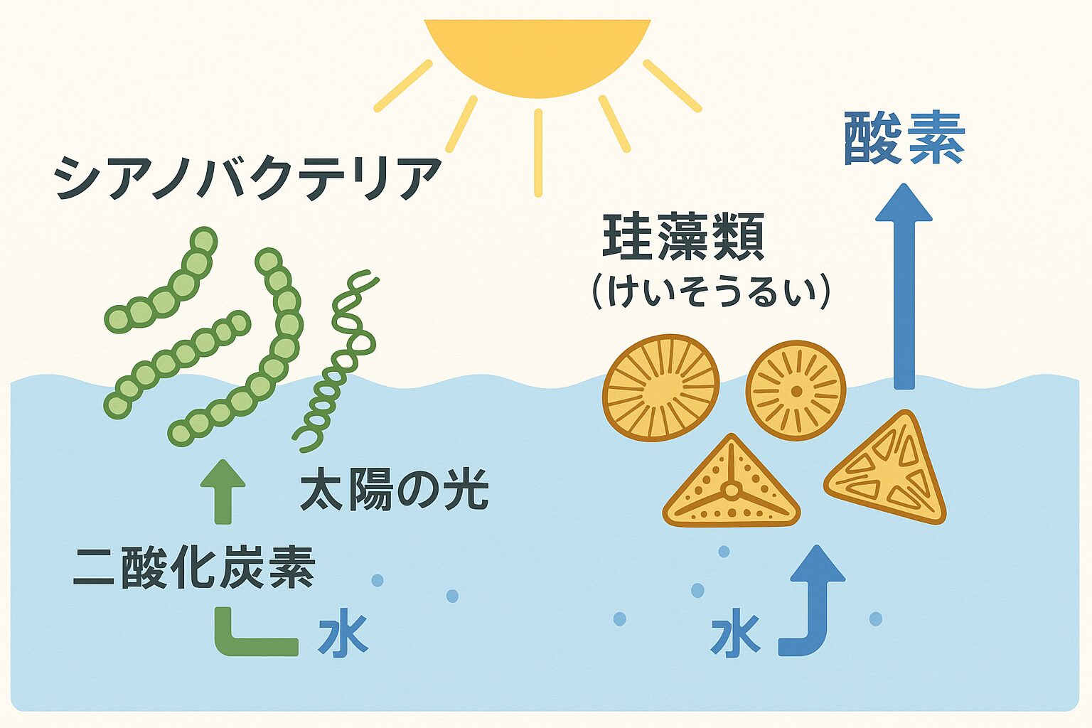 シアノバクテリア → 地球最古の酸素供給者、酸素革命の立役者。珪藻類 → 現代の海で最も重要な酸素生産者、地球酸素の約20％を担当。釣太郎