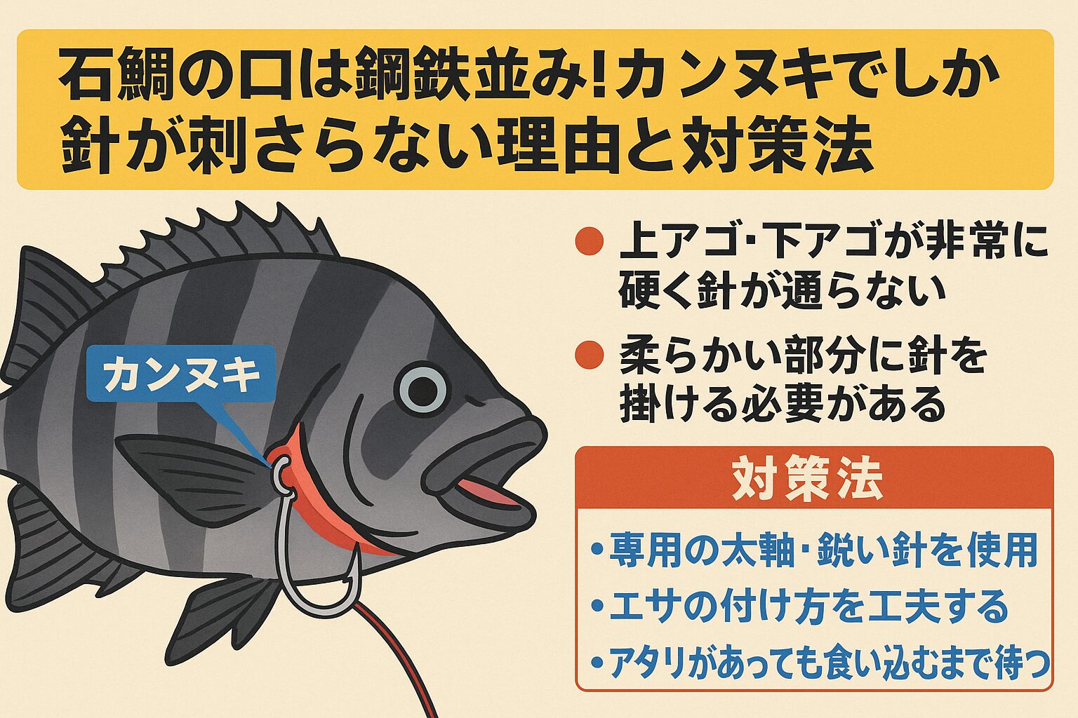 石鯛の口は非常に硬く、普通の場所には針が刺さらない。 唯一刺さるのはカンヌキ（口の横の柔らかい部分）。 針の選び方、エサ付け、フッキングのタイミングが釣果を左右する。底もの釣り入門。釣太郎