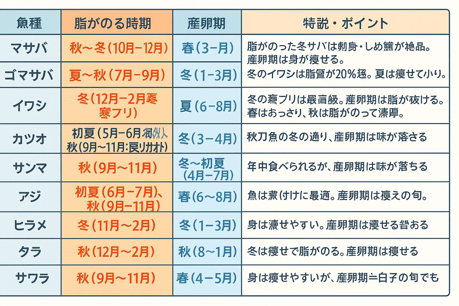 「魚の脂がのる＝産卵期」ではなく、『脂がのるのは産卵前であることが多い』のが正解です。釣太郎