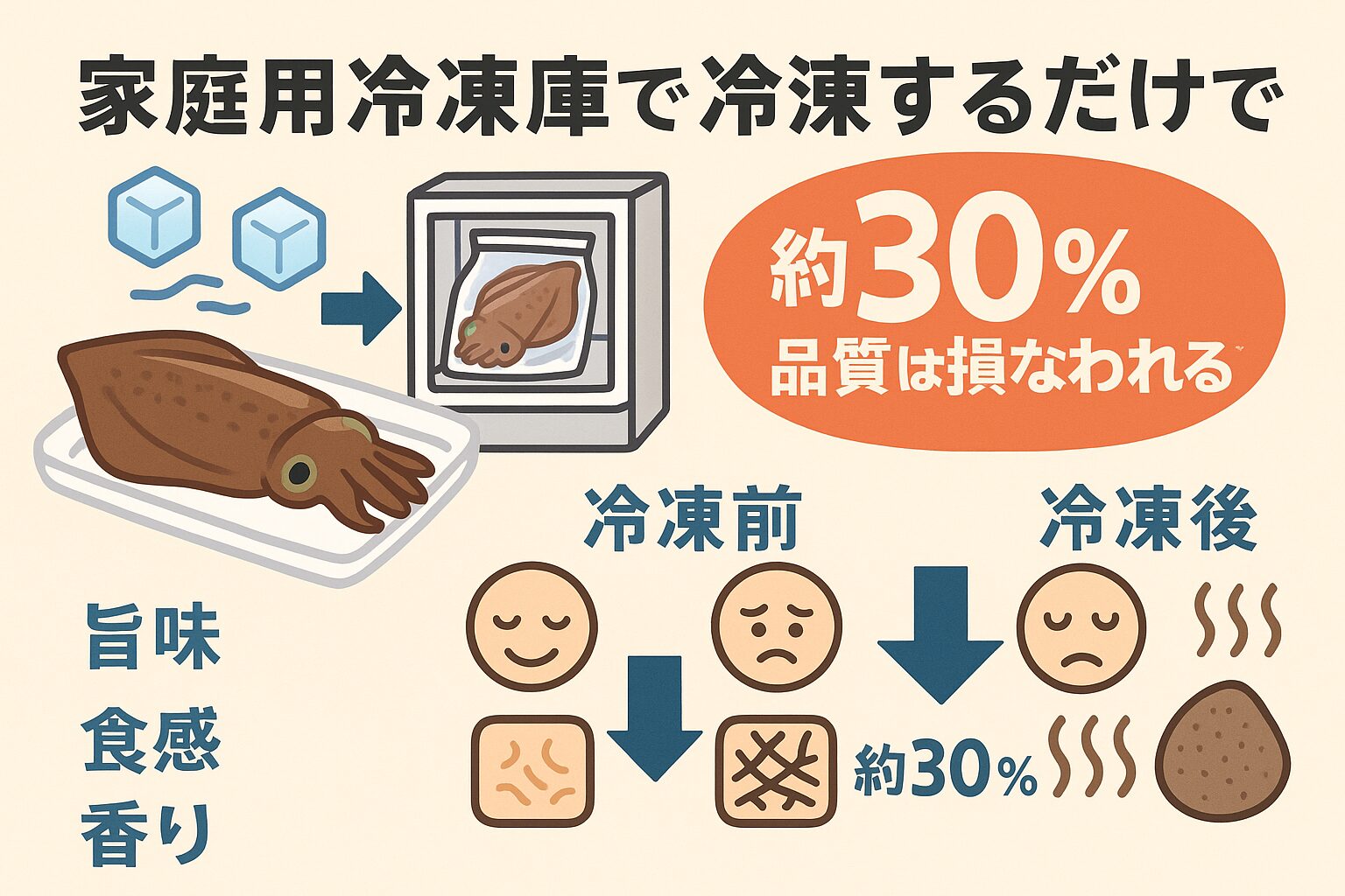 家庭用冷凍庫では約3割の品質低下は避けられない。釣太郎