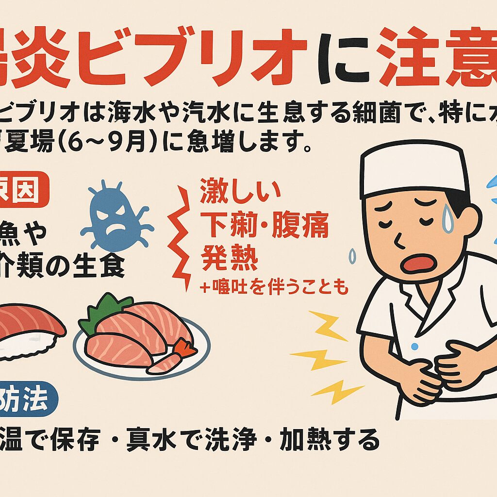 腸炎ビブリオは、夏場の海鮮食中毒の代表格です。
特に6〜9月の寿司や刺身、釣りたて魚の生食はリスクが高く、衛生管理を怠ると数時間後には体調不良に見舞われることもあります。釣太郎