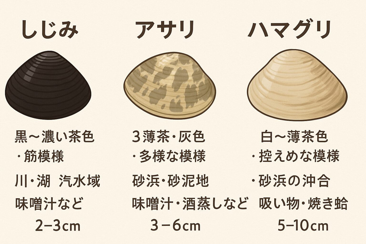 しじみ:黒く小さく淡水〜汽水に生息、味噌汁に最適。アサリ:模様が多彩、潮干狩りで人気、出汁がよく出る。ハマグリリ:大型で高級感、香り豊かでお祝い料理にも使われる。見分け方は色・模様・大きさ・殻の厚みをチェックすれば簡単です。潮干狩りや市場で迷ったときは、このポイントを参考にしてください。釣太郎
