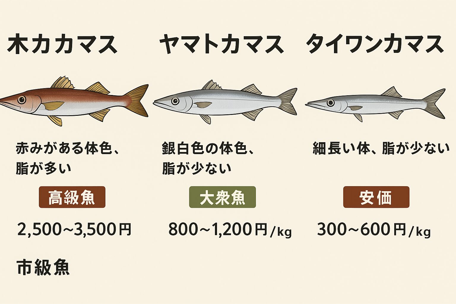 南紀地方で釣れるカマス3種｜アカカマス・ヤマトカマス・タイワンカマスの特徴と市場価格。釣太郎