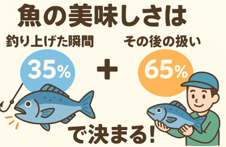 釣り上げた瞬間の質 は 35%。その後の扱い → 65%( 締め方 → 30%、 氷の種類 20%、冷却スピード 15%)。魚の美味しさの 2倍近くは釣った後の処理で決まる.釣太郎